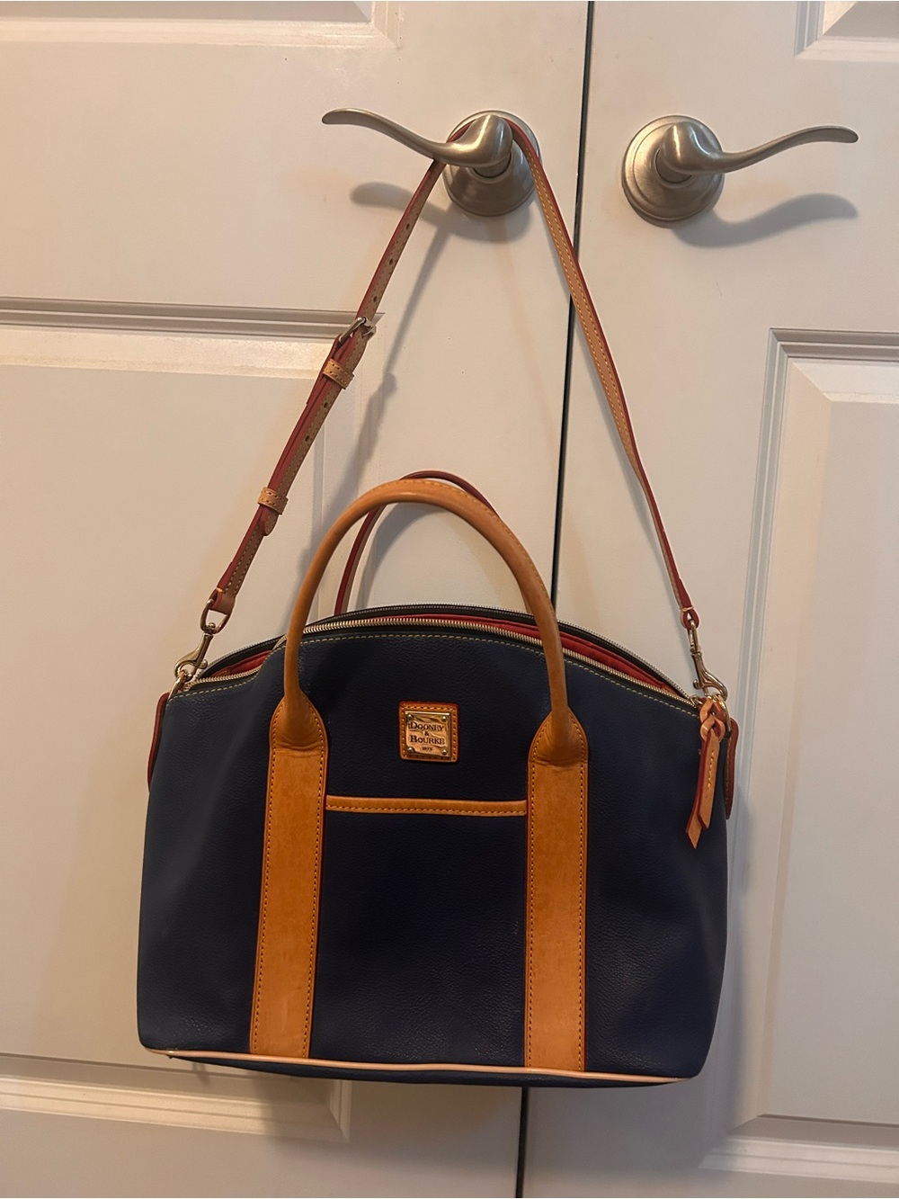 Dooney & Bourke Navy Leather Messenger with Tan Trim